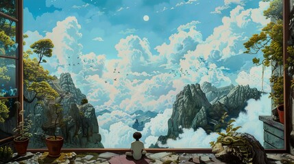 Poster - A Window to the Clouds: A Surreal Landscape Painting