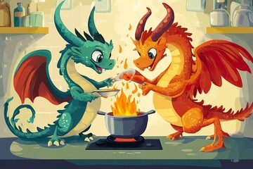 Dragon and Phoenix Cooking Challenge: A Cartoon Illustration of Two Mythical Creatures Enjoying a Friendly Cook-Off