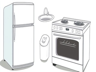 vector illustration of kitchen appliances in black and white on one line, refrigerator, sink, gas stove