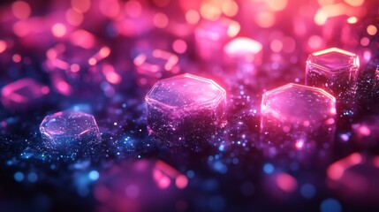Poster - Glowing, colorful crystals in various hexagonal shapes are scattered across a shimmering surface, illuminated by vibrant light in a captivating nighttime setting.