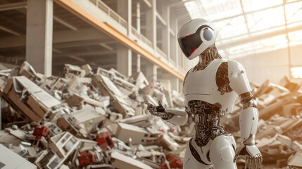 Aufkleber - futuristic robot stands confidently amidst chaotic scene of discarded electronics, showcasing advanced technology and innovation in post industrial environment