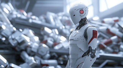 Aufkleber - futuristic AI robot stands amidst towering piles of discarded technology, showcasing blend of advanced design and industrial waste. scene evokes sense of innovation and environmental reflection