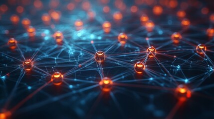 Fototapete - A vibrant digital network showcases interconnected nodes illuminated by orange and blue lights, creating a futuristic tech atmosphere.