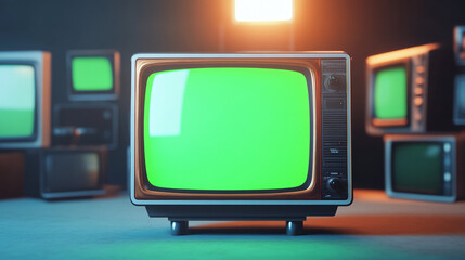 Poster - one artistic 3d minimal style green screen old television with stacks of random old classic turned off tvs stack in background in empty room dynamic composition cinematic lighting chroma key