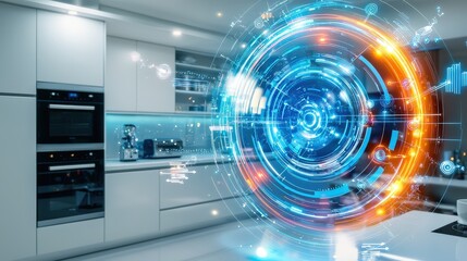 Poster - A visually appealing kitchen with smart appliances that enhance energy efficiency and sustainability.