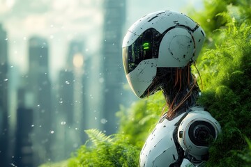 Poster - A futuristic robot stands amidst lush greenery in a city with towering skyscrapers during daylight
