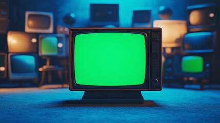 one artistic 3d minimal style green screen old television with stacks of random old classic turned off tvs stack in background in empty room dynamic composition cinematic lighting chroma key