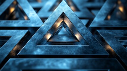 Aufkleber - Metallic blue triangles are arranged in a complex, overlapping pattern with glowing edges, creating a striking three-dimensional geometric design that captivates the eye.