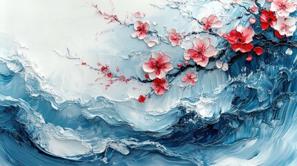 Poster - close-up of acrylic painting showcasing textured tree branches with vibrant red and blue spring blossoms, capturing intricate layers of paint in bold, expressive strokes.