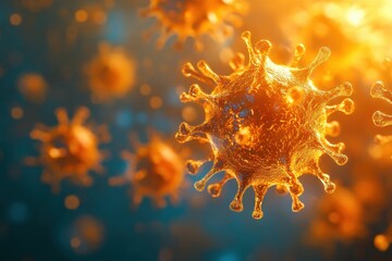 Poster - Close-up view of detailed virus structure illuminated by vibrant colors in a microscopic environment