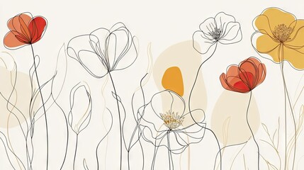 Wall Mural - a continuous line drawing of various flowers, minimalistic and elegant, creating a modern and timele