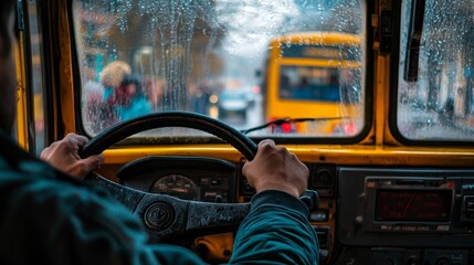 A man driving a yellow vehicle through rainy streets, showcasing urban life and weather.