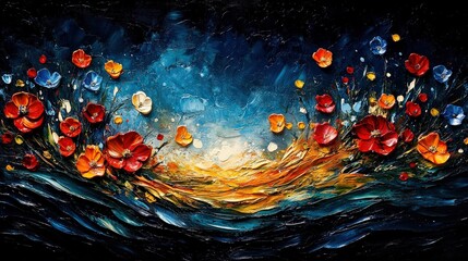 Poster - Vivid close-up of an acrylic painting, capturing the textures of expressive tree branches with red and blue spring blossoms, layered in rich, colorful brushstrokes.