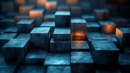 Aufkleber - Metallic blocks are arranged in a complex pattern, creating an abstract composition that features warm glowing elements amid a dark background, evoking a futuristic atmosphere.