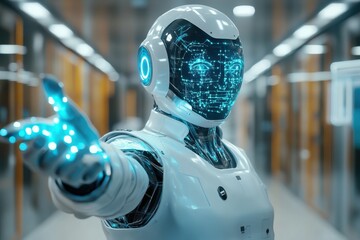 Poster - Futuristic humanoid robot extending hand in a modern technological environment