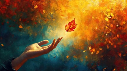 Canvas Print - A hand releases a vibrant autumn leaf into the air, symbolizing change, transition, and the passage of time,