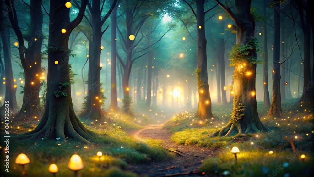 Description: Enchanting forest scene at night with glowing lights and ...