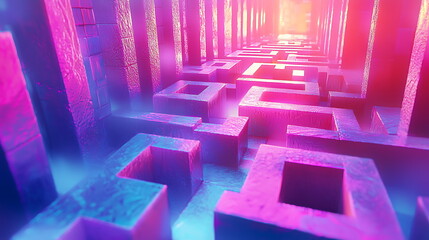Aufkleber - Exploring a colorful maze of vibrant neon lights and abstract shapes a journey through a digital wonderland