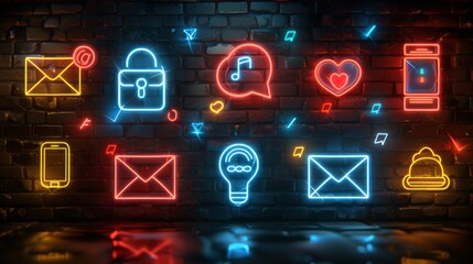 Wall Mural - Develop a collection of neon communication symbols, featuring illuminated phones