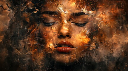 Poster - Emotive portrait of a serene face surrounded by vibrant flames blending soft features and intense colors