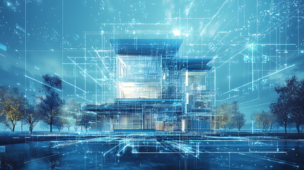 Aufkleber - Exploring the intersection of futuristic architecture and digital innovation a vision of tomorrow's urban landscape in blue tones