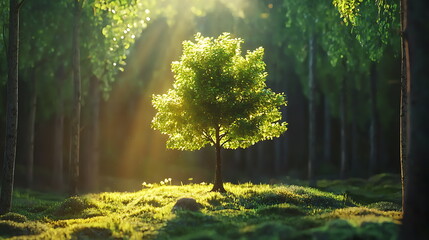 Aufkleber - A serene moment a lonely tree glowing in sunlight amidst the enchanting lush forest setting