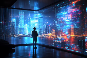 Aufkleber - A vision of tomorrow a person gazes at a futuristic cityscape through a glass window illuminated by neon lights and advanced technology