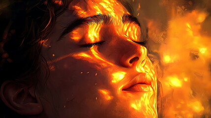 Poster - A serene face illuminated by captivating light patterns embracing the tranquility of nature's warm glow