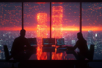 Poster - Silhouettes of two professionals analyzing data against a captivating sunset over a futuristic cityscape with vibrant visuals