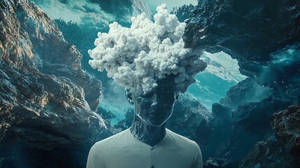Leinwandbilder - Exploring the ethereal a surreal portrait of a figure with a cloudlike head amidst otherworldly landscapes