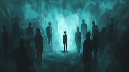 Aufkleber - A solitary figure amidst shadowy silhouettes in a foggy realm exploring themes of isolation and presence