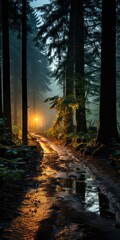 Wall Mural - Forest path with warm glow