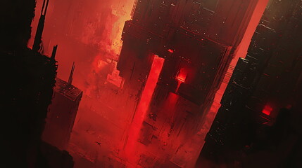 Poster - Exploring the depths of abstract digital art a journey through red and black geometric structures in a futuristic landscape