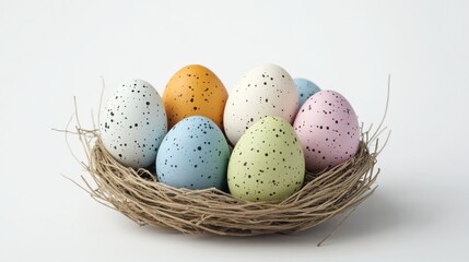Poster - Colorful speckled easter eggs nestled in natural twigs symbolizing spring and renewal