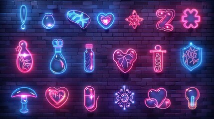 Poster - Design a collection of neon medical ethics symbols, including shining