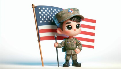 3d render of a boy wearing US Army uniforms. There is an US flag behind it on a white background