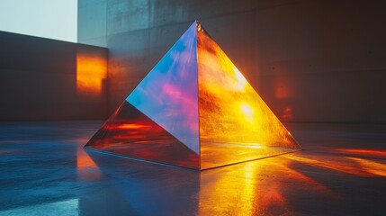 Aufkleber - A stunning glass pyramid sits in an illuminated modern room, casting reflections of vibrant colors as the sunset light filters through. The interplay of light creates a captivating atmosphere.