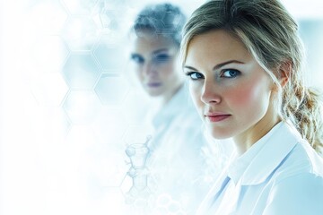Poster - Focused scientist working in a lab with a colleague visible in the background during daylight hours