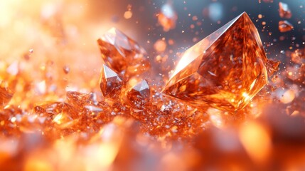 Poster - The vibrant orange crystals glisten as they are scattered on a radiant surface, capturing light and reflecting colorful hues in a captivating display of beauty.