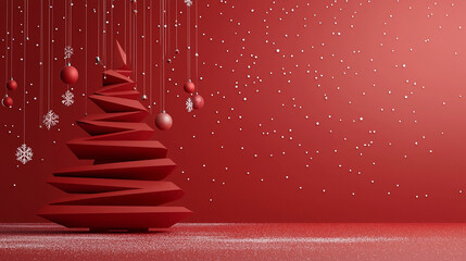 Geometric red Christmas tree, red baubles, and snowflakes on a vibrant red background.