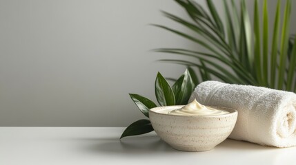 Aufkleber - Bowl filled with rich moisturizer cream sits beside a soft, rolled up towel, inviting you to indulge in a luxurious spa treatment