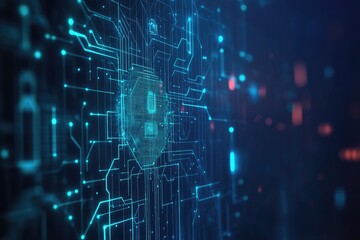 Fototapete - Abstract digital circuit board with glowing blue connections and secure lock symbol, representing technology and cybersecurity.