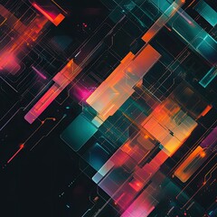 Poster - Vibrant abstract digital background featuring colorful geometric shapes and glowing lines for modern design projects.