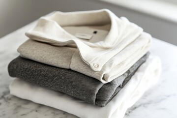 Poster - Folded minimalist sportswear sits on a smooth table, showcasing a simple but stylish collection perfect for workouts or casual wear. Generative AI