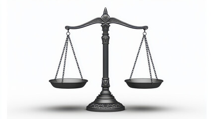 Classic balance scale with intricate details symbolizes justice and fairness. metallic structure stands out against plain background, evoking sense of equilibrium and impartiality