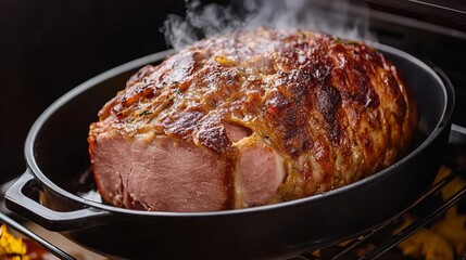 Whole baked ham in a traditional oven, with steam rising and fallthemed kitchen decor, Thanksgiving preparation, cozy kitchen scene