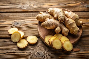 Wall Mural - Freshly sliced ginger root arrayed on a rustic wooden table Panoramic