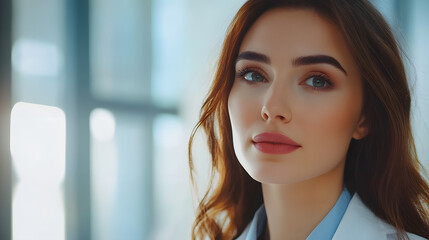 Portrait of a beatiful young female doctor, woman with brown hair and uniform, professional hospital worker.