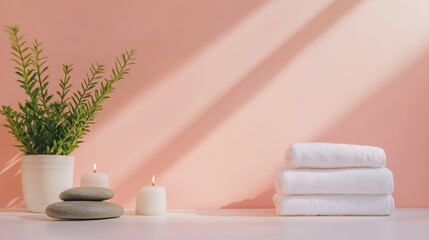 Aufkleber - White towels stacked on each other on white table with burning candles and green plant in pot against pink wall with shadows