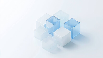 Fototapete - Translucent cubes in various sizes and colors are arranged artistically on light background, creating modern and minimalistic aesthetic. interplay of light and shadow adds depth to composition